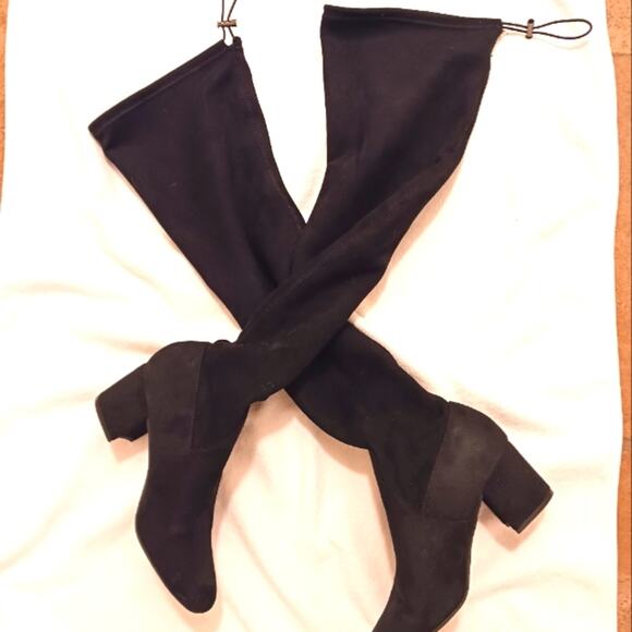 EXPRESS Over the Knee Boots Sz 8 BLOCK 3" Heels BLACK Vegan Faux Suede Tall NWOT - Picture 2 of 16